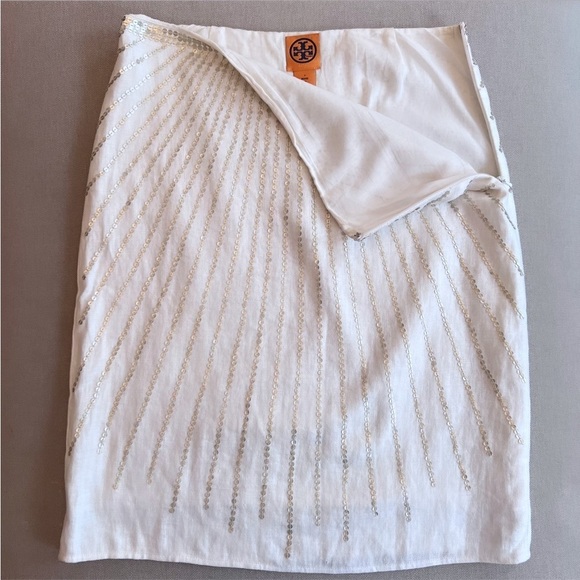 TORY BURCH 100% White Linen & Gold Sequin High Waist Pencil Skirt Size 2 - Picture 2 of 14